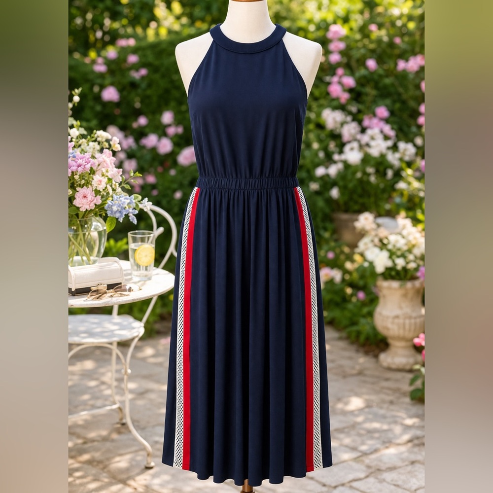 Tommy Hilfiger Dress Pleated Midi Navy Chain Strap Halter Dress Size 4 NWT